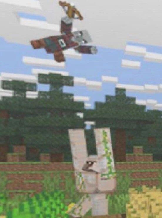 Игрок в Minecraft прыгает в небо над кроликом