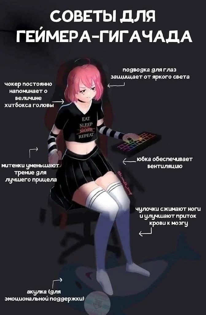 Аниме девушка с розовыми волосами в черной футболке Eat Sleep Mord Repeat сидит за компьютером, вокруг нее подписи с шутливыми советами для геймеров