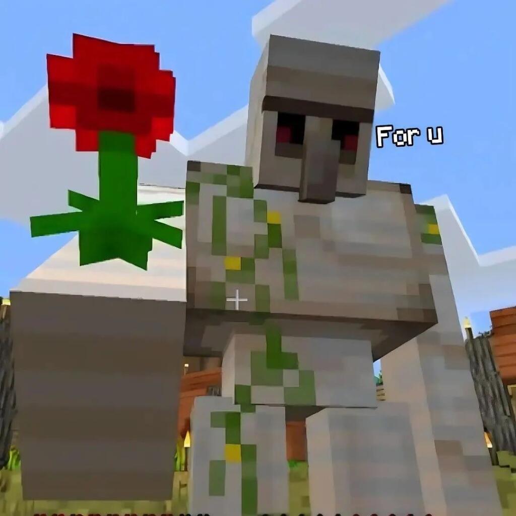 Железный голем из игры Minecraft держит в руке красный мак на фоне неба