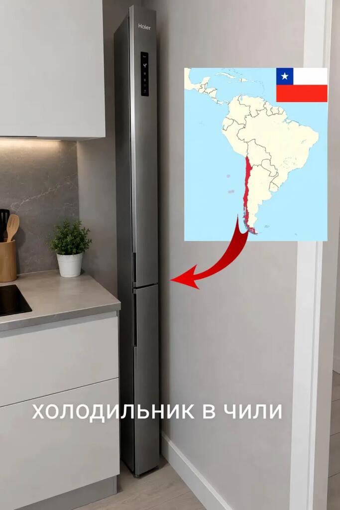 Высокий узкий холодильник стоит в углу кухни, рядом карта Чили