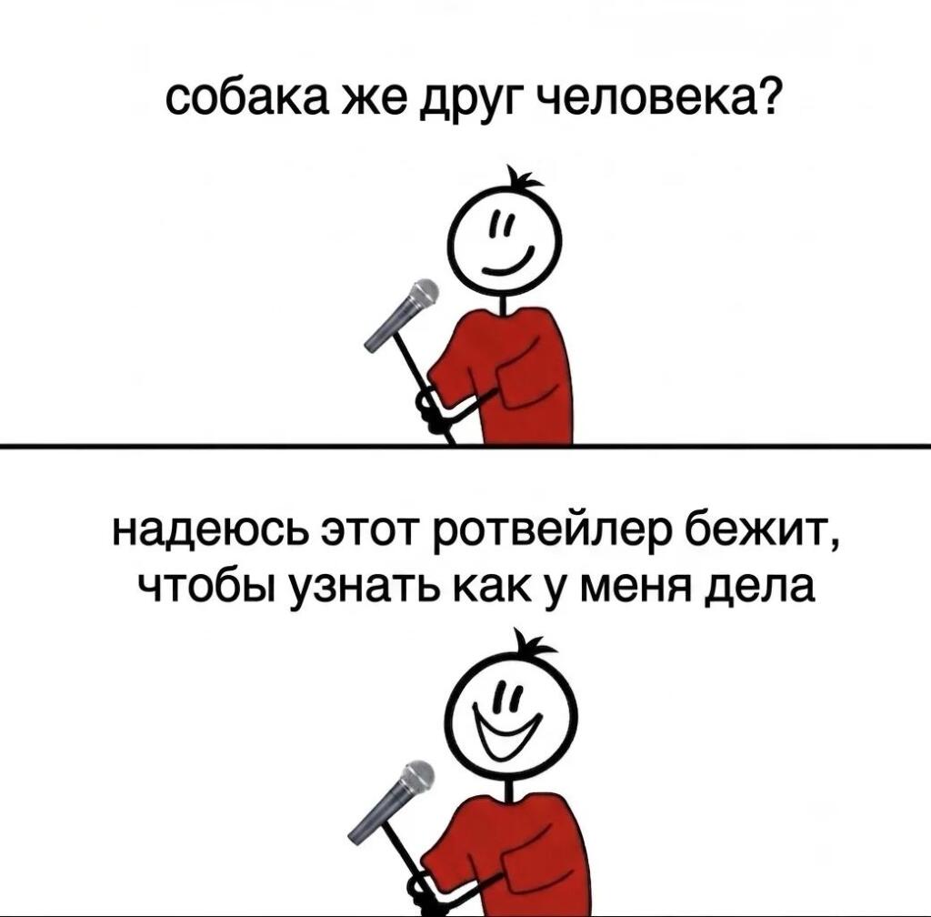 На картинке нарисован человек с микрофоном и подписью «надеюсь этот ротвейлер бежит, чтобы узнать как у меня дела».