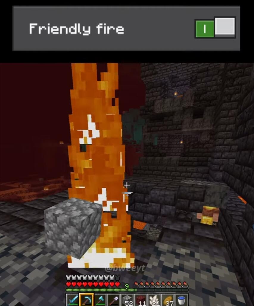 Игрок в Minecraft стоит у фермы, рядом горит огонь, надпись Friendly fire (3 из 4)