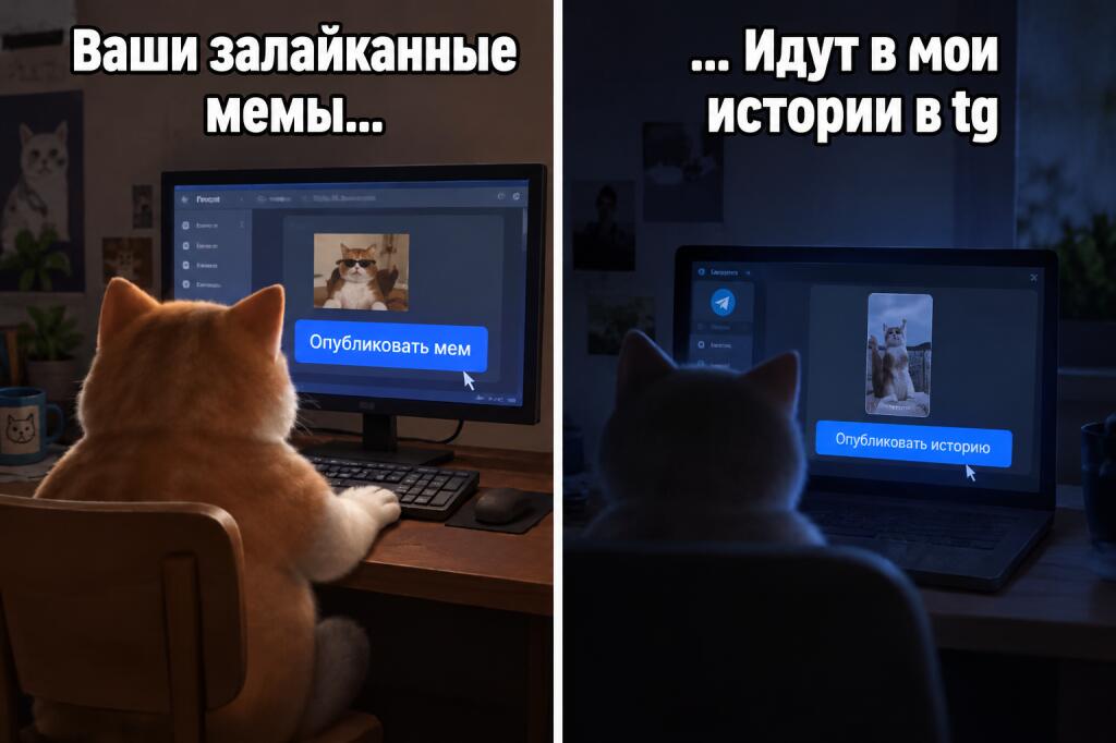 Два кота сидят за компьютерами. Слева кот публикует мем, справа кот в темноте публикует историю в Telegram