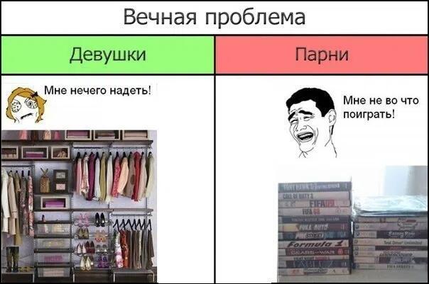 Мем с двумя панелями: слева девушка перед полным шкафом одежды жалуется, что нечего надеть, а справа парень рядом с большой стопкой игр жалуется, что не во что поиграть.