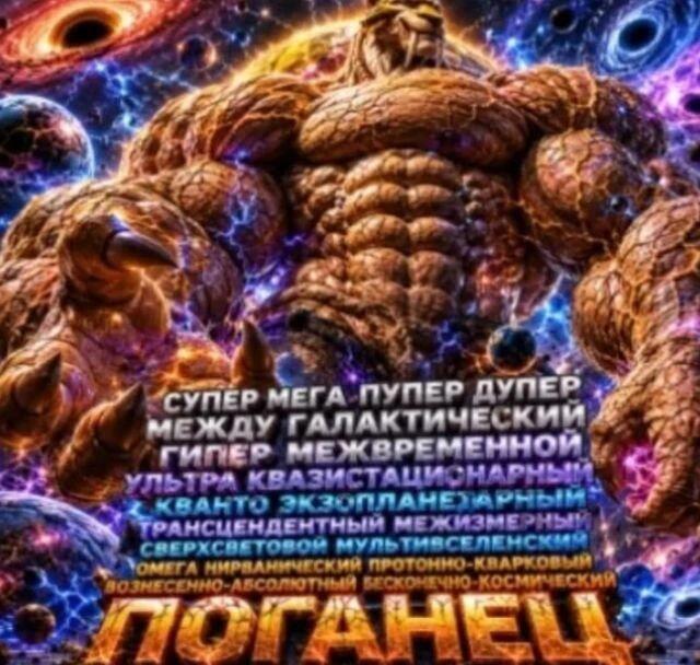 Огромный каменный космический монстр и надпись 'Супер мега пупер дупер космический поганец