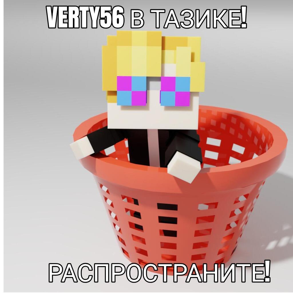 Блочный персонаж из Minecraft с золотыми волосами сидит в красном пластиковом тазу, надпись VERTY56 В ТАЗИКЕ! РАСПРОСТРАНИТЕ!