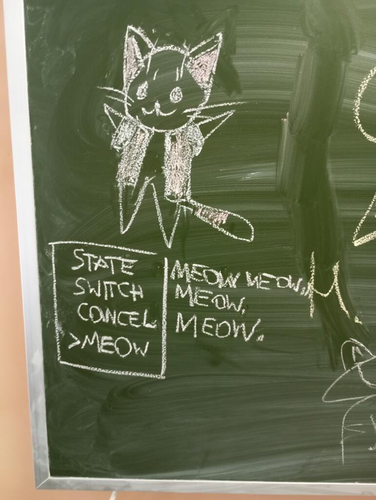 Котейка с доски в нашей школе. Рисовала я. Кто понял, тот понял.
(Напишите в комментариях, кто понял, пж. И да, оцените