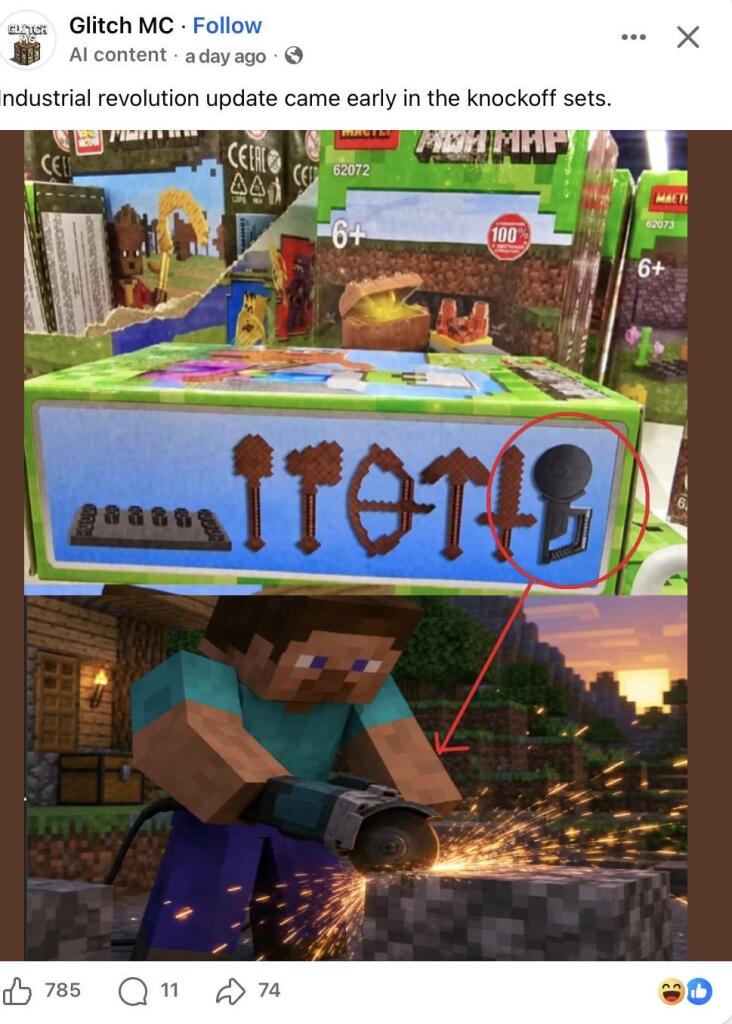 На картинке показан набор игрушек Minecraft с болгаркой и Стив, который режет блок болгаркой