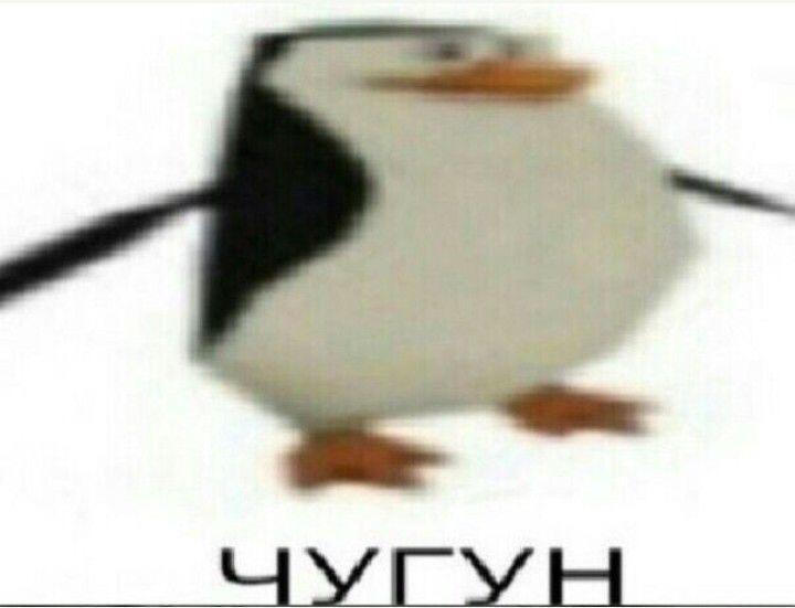 Размытый пингвин из мультика с текстом на картинке: Чугун