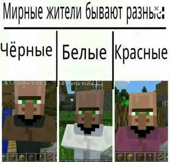 Скриншоты из игры Minecraft с тремя вариантами жителей, которые подписаны как чёрный, белый и красный.