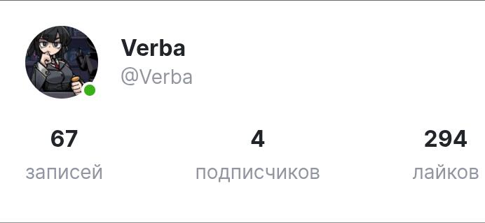 Скриншот профиля пользователя Verba в социальной сети, где указано 67 записей, 4 подписчика и 294 лайка