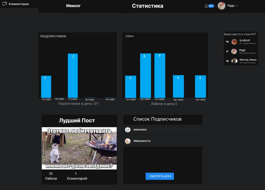 Мой концепт раздела статистики для мемозга 
•Статистика по подписчикам 
•Статистика по лайкам 
•Место в топе 
•Списо