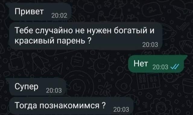 Скрин переписки, где предлагают познакомиться с богатым и красивым парнем