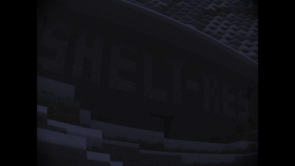 Тёмный скриншот из игры Minecraft с надписью SHELTER на стене бункера, выполненный в стиле старой видеокассеты