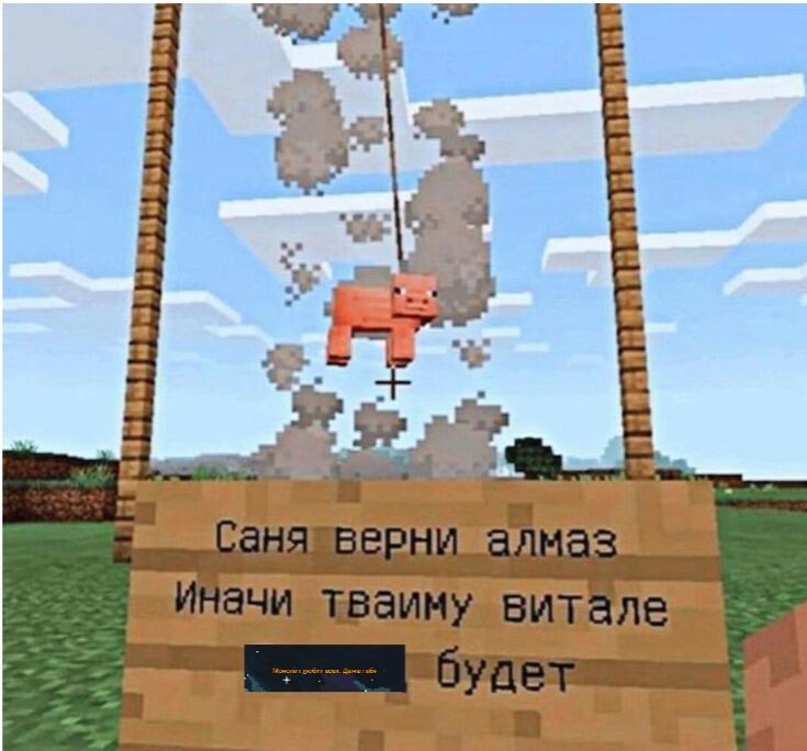 Свинья в Minecraft подвешена на верёвке над табличкой с текстом