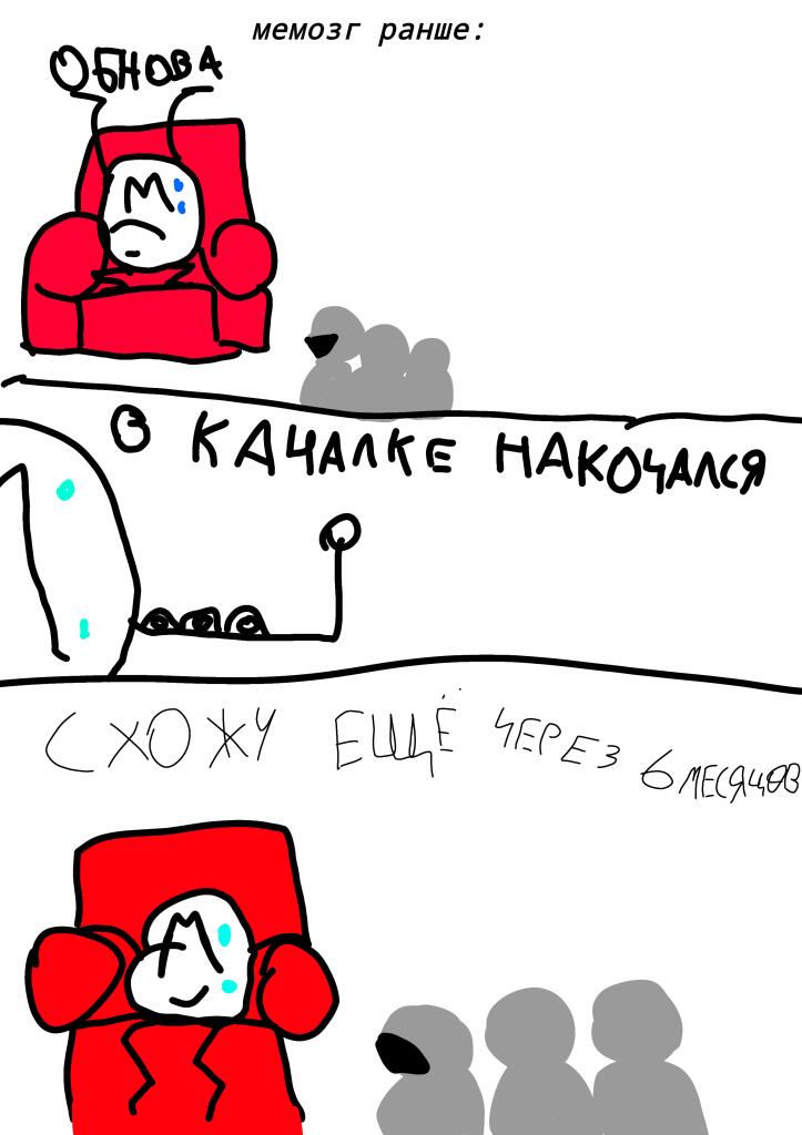 Комикс-мем, где персонаж Мемозга на красном диване сначала ждёт обновления 6 месяцев, а потом радуется обновам через 6 часов.