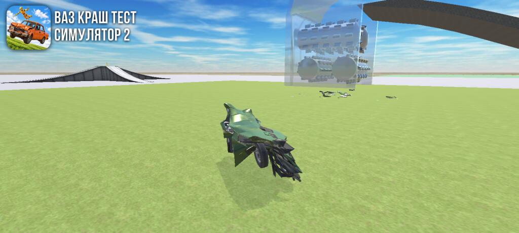 Игровой скриншот из VAZ Crash Test Simulator 2, где зелёный автомобиль УАЗ смят в результате краш-теста и выглядит как футуристичный прототип (3 из 3)