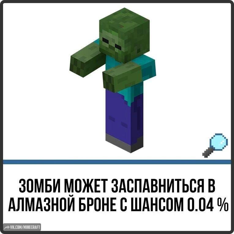 Пиксельный зомби из игры Minecraft стоит на белом фоне, под ним текст про шанс заспавниться в алмазной броне с вероятностью 0.04% и иконка лупы.