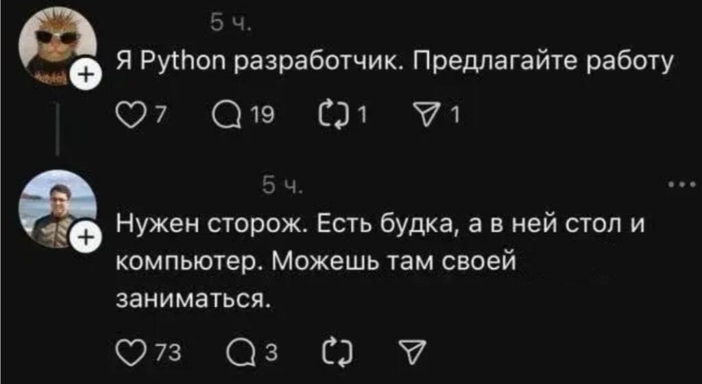 Скрин переписки: разработчик ищет работу, а собеседник предлагает должность сторожа с будкой, столом и компьютером
