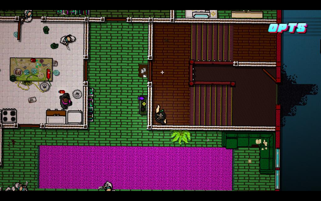 Скриншот из Hotline Miami, где персонаж в маске Далласа стоит на месте, но анимация показывает ходьбу, создавая эффект исцеления
