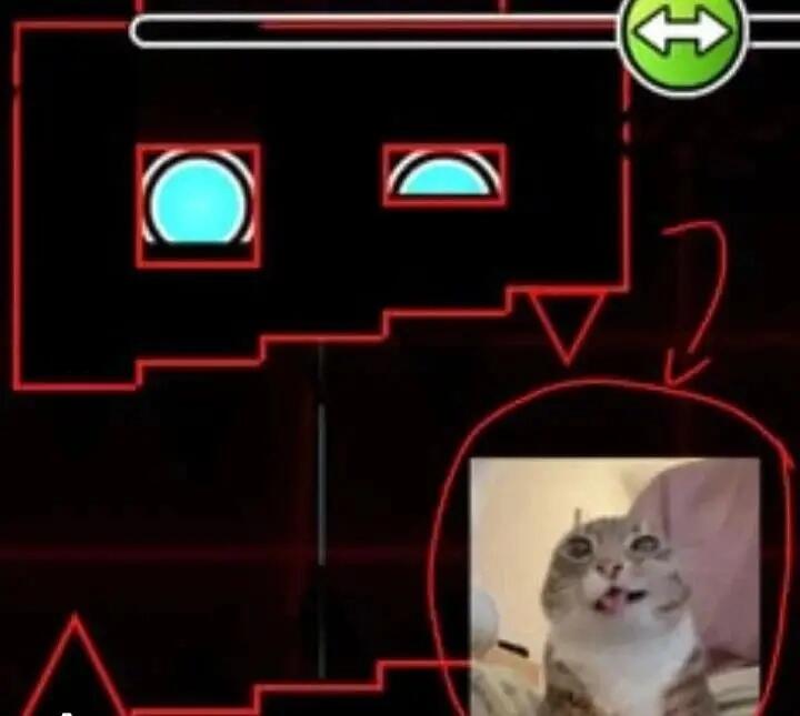Уровень в игре Geometry Dash с вставленной картинкой удивленного кота и подписью про обновление
