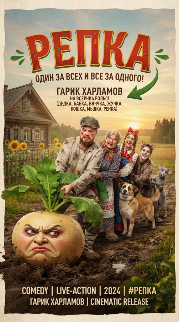 Плакат к фильму Репка, где все роли играет Гарик Харламов, сгенерированный нейросетью