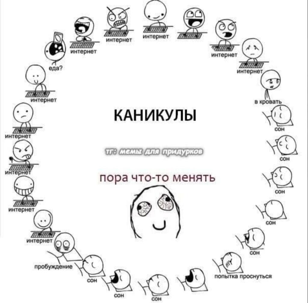 Схема жизненного цикла на каникулах, где всё время уходит на интернет и сон