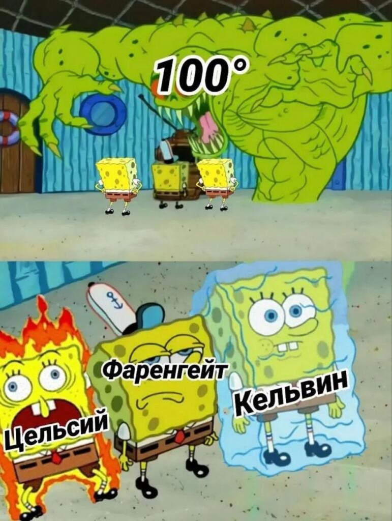 Мем с тремя персонажами Спанч Боба: горящий, спокойный и замерзший, с подписями Цельсий, Фаренгейт и Кельвин