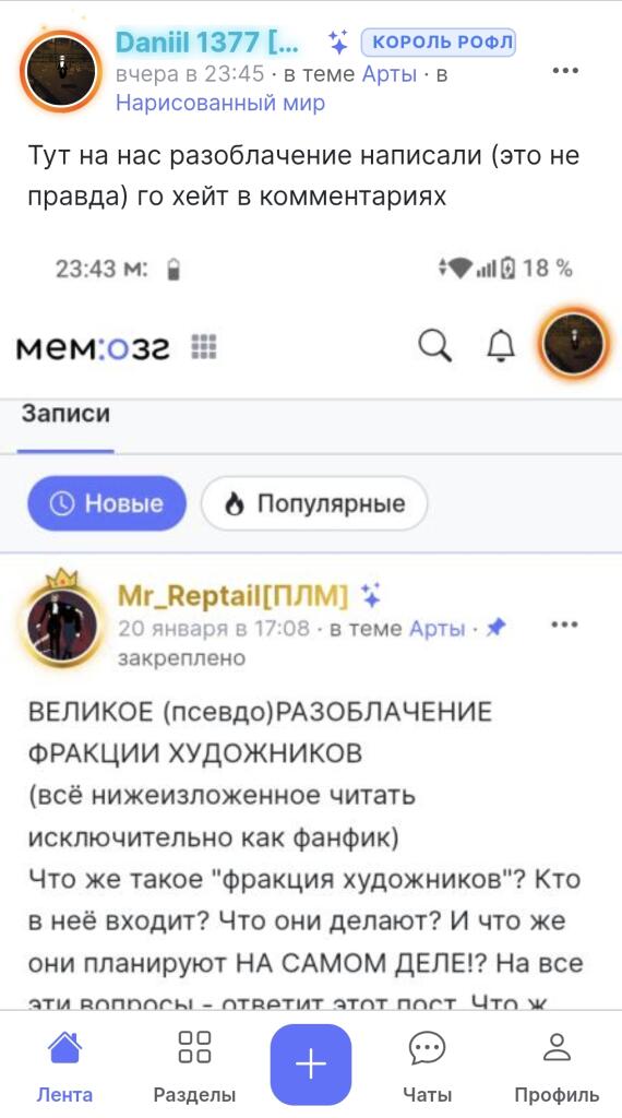 Скриншот из приложения Мемозг с постом пользователя Mr_Reptail о великом разоблачении фракции художников