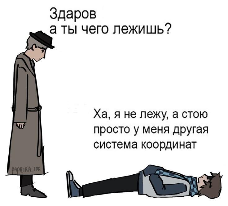 Два нарисованных парня, один из которых лежит, а другой спрашивает, почему он лежит, на что получает ответ про систему координат