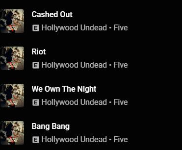 Скриншот музыкального плеера с тремя треками группы Hollywood Undead: Undead, Sell Your Soul и Everywhere I Go (4 из 4)