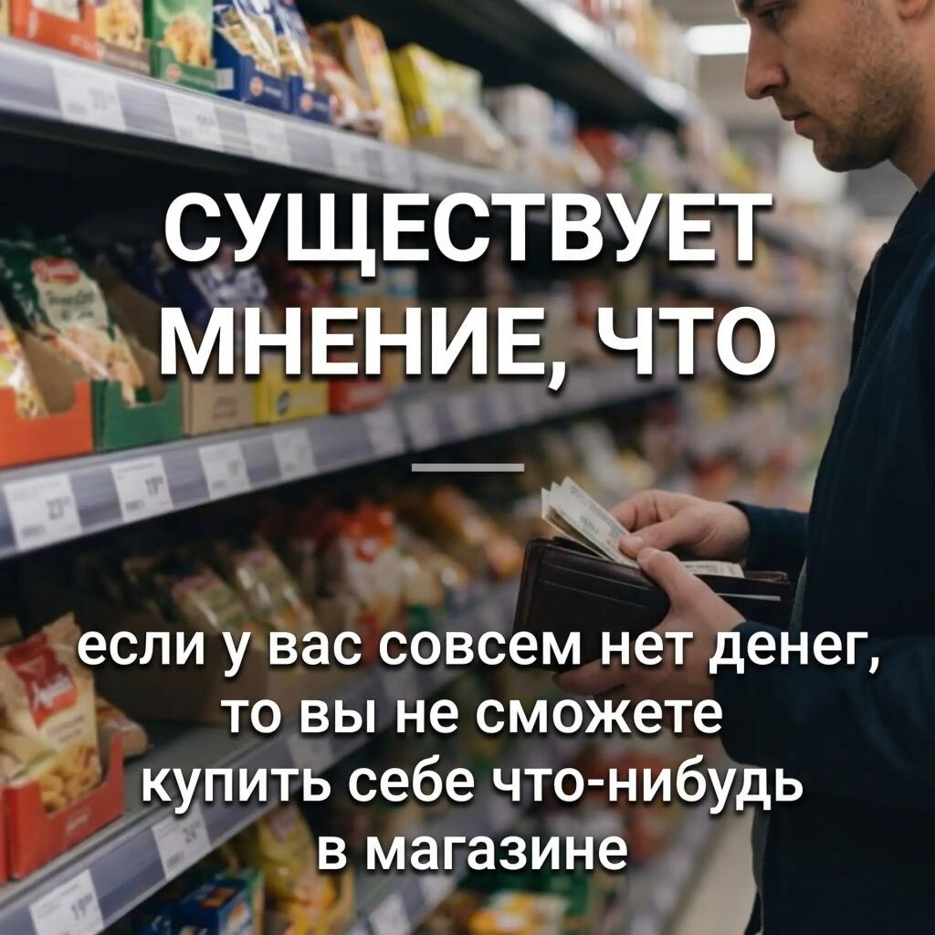 Мужчина в магазине проверяет содержимое пустого кошелька, на фоне полки с продуктами и надпись «Существует мнение, что если у вас совсем нет денег, то вы не сможете купить себе что-нибудь в магазине