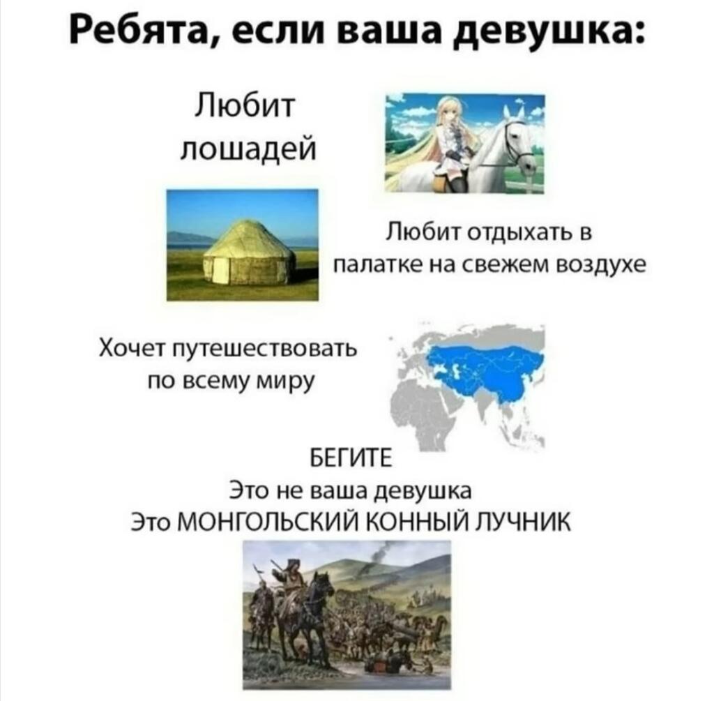 Мем, где девушку, любящую лошадей, юрту и путешествия, сравнивают с монгольским конным лучником
