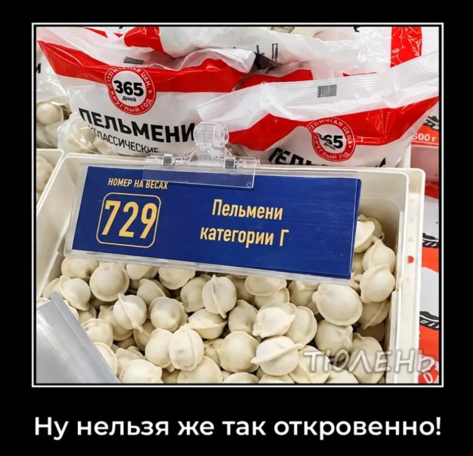 В магазине на витрине с пельменями висит ценник с номером на весах 729 и текстом Пельмени категории Г