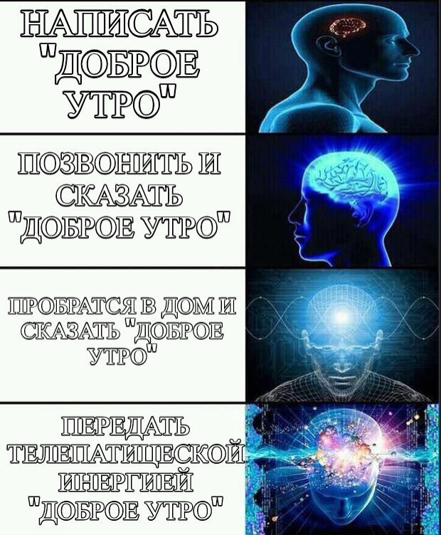 Мем с четырьмя уровнями сложности сказать доброе утро от написания до телепатии