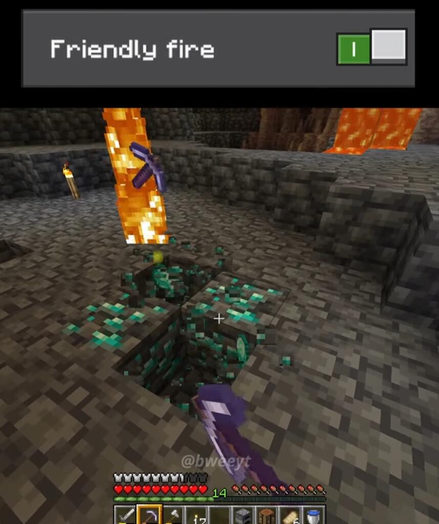 Игрок в Minecraft стоит у фермы, рядом горит огонь, надпись Friendly fire (2 из 4)
