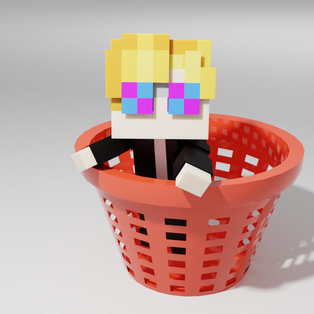 Пиксельный персонаж Minecraft с разноцветными глазами сидит в красном пластиковом тазу