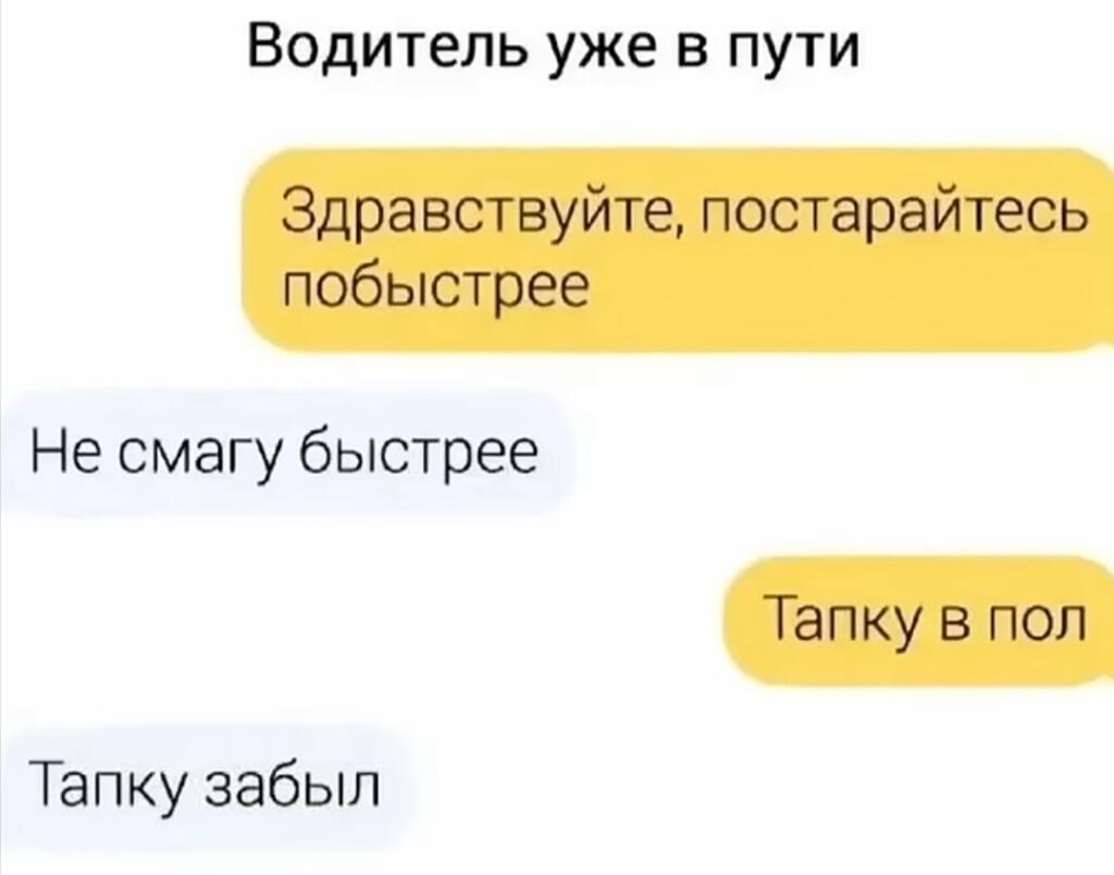 Скриншот переписки с водителем такси, где пассажир просит ехать быстрее, а водитель отвечает, что забыл тапку