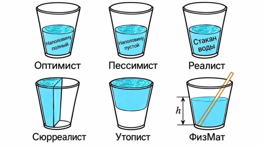 Иллюстрация с шестью стаканами, подписанными как оптимист, пессимист, реалист, сюрреалист, утопист и физмат