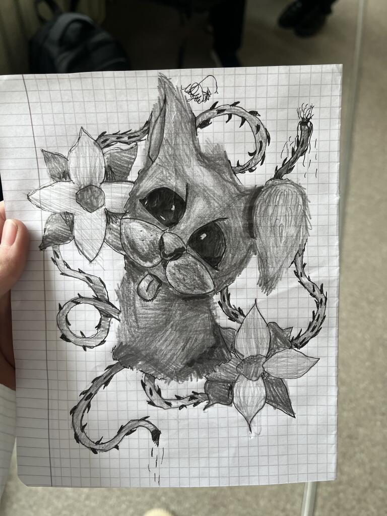 Просто тренировалась рисовать{: Если честно, то рисуя глаза я замазала их чёрным маркером и испортила, а потом и цветы, 