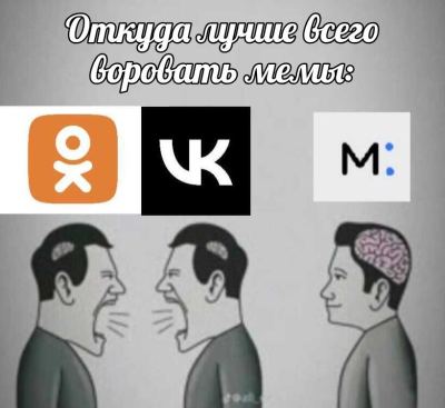 Шаблон с двумя кричащими людьми и одним спокойным под логотипами Одноклассников, Вконтакте и Мемозг